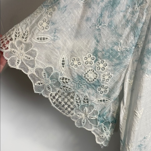 Anthropologie Tie Die Blue and White Flutter Embroidered Sleeve Blouse - Picture 5 of 12